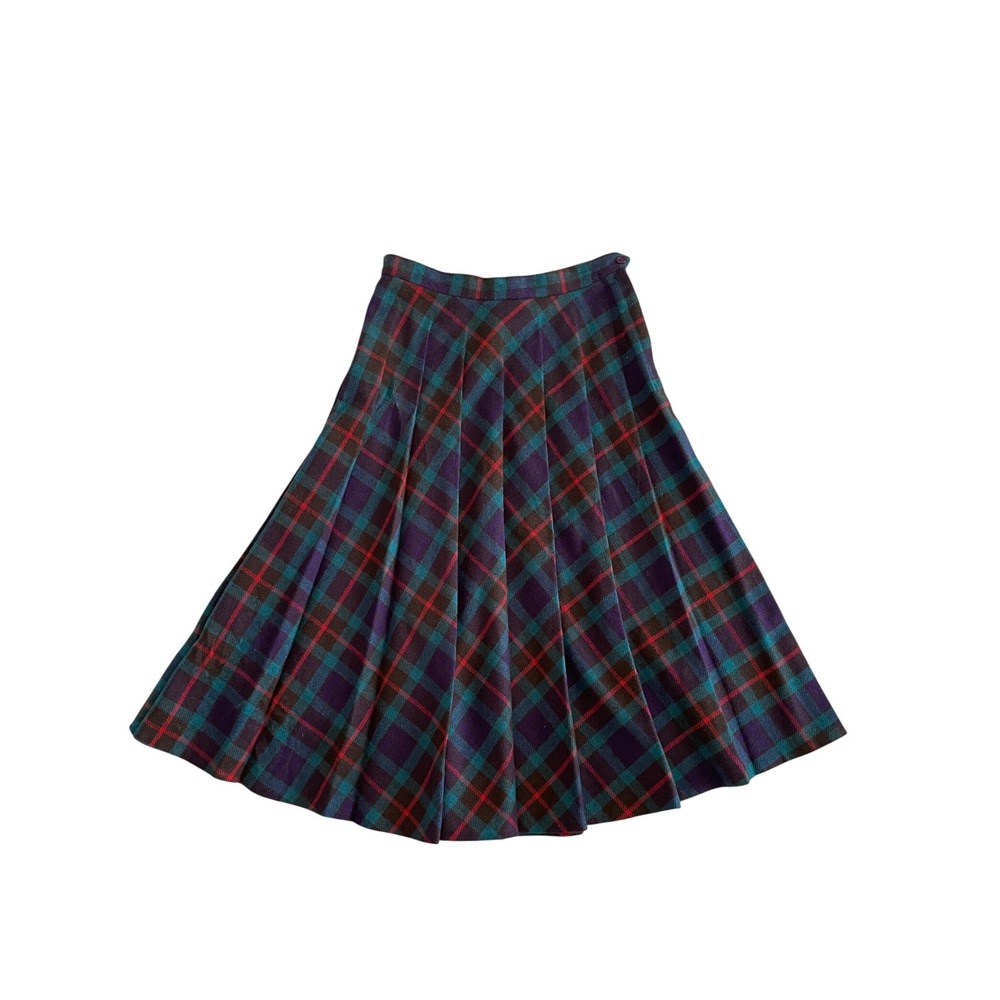 Vintage Plaid Pleated Midi Skirt Purple Teal Wool Blend High Waist Size M